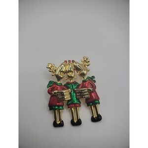 Vintage AJC Reindeers Carolling Brooch Pin Red Green Gold‎ Jewelry Costume